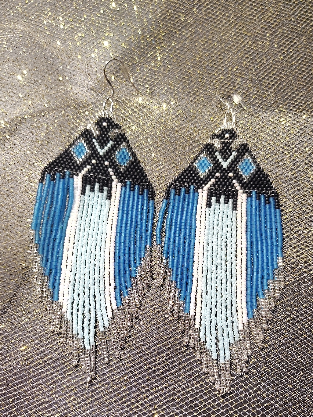 Handmade Blue Beaded Fringe Earrings - Lightweight Woman Jewelry